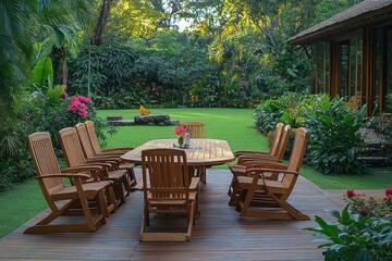 Obraz premium Outdoor wooden dining table with eight rocking chairs on a wooden deck surrounded by lush green garden and tropical plants in a peaceful backyard setting