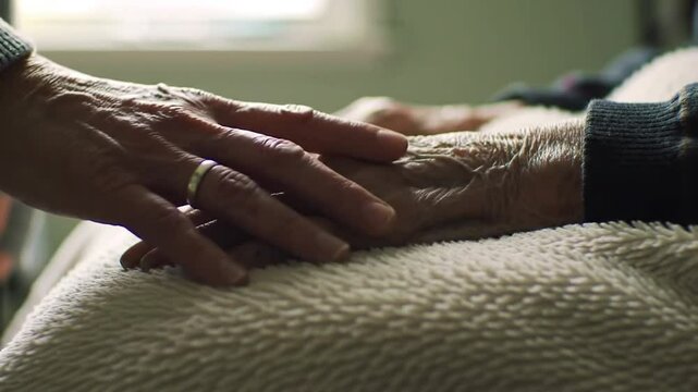 Young Hand Gently Comforts Elderly Wrinkled Hand in Natural Lighting on Quilted White Blanket