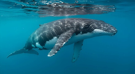 Naklejka premium Whale Swimming Underwater in Clear Blue Ocean