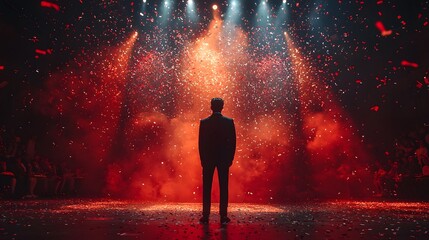 Silhouetted leader on stage amidst celebratory confetti and lights