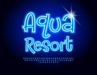 Vector Neon flyer Aqua Park. Funky Blue Neon Font. Electric Light Alphabet Letters and Numbers set.