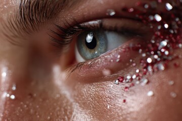 An artistic close-up of a stunning eye embellished with glimmering elements, demonstrating the intersection of beauty, emotion, and captivating aesthetics.