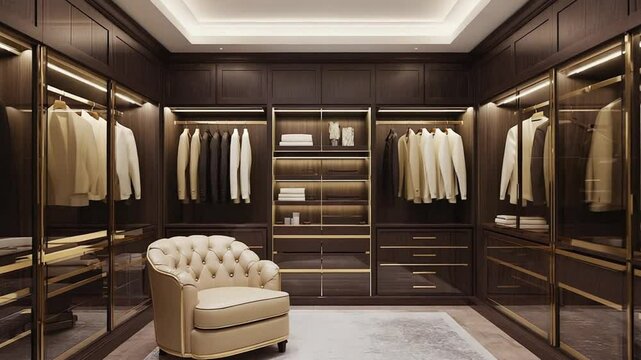 Luxury walk-in closet with armchair and organized clothing Storage and style Interior design concept