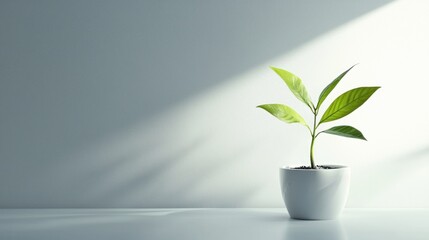 A green plant with a white pot on a white table against a white wall.