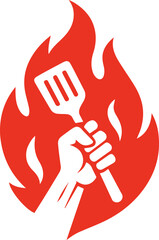 Fiery Hand Holding a Spatula - BBQ Logo