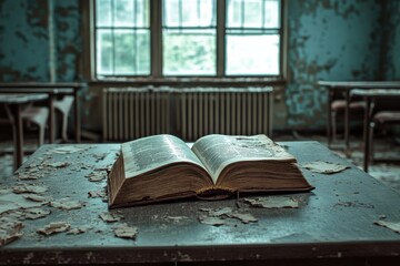 Abandoned Classroom with Open Book