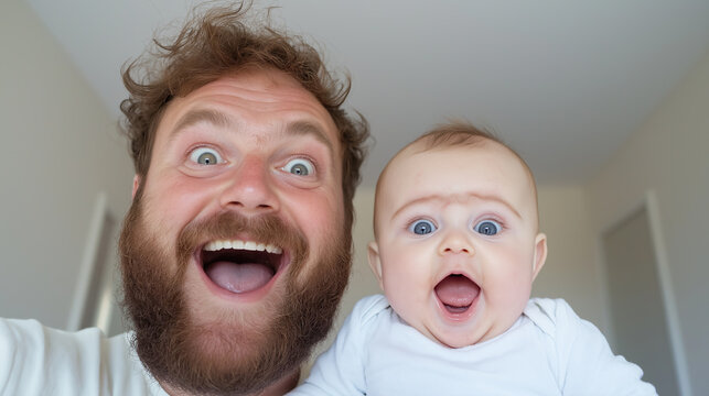 Father and baby making funny faces for selfie – playful parenting and joyful bonding moments