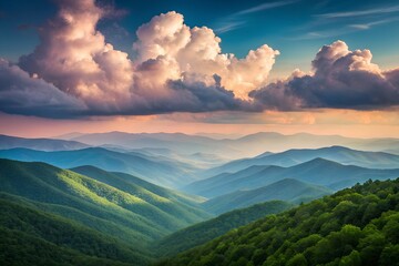Fototapeta premium Lush Green Mountain Valley Under Fluffy Clouds at Sunset