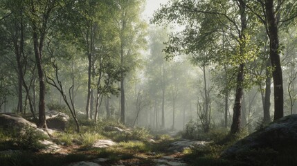 Fototapeta premium Serene Forest Pathway Surrounded by Lush Greenery and Misty Atmosphere in a Tranquil Nature Scene