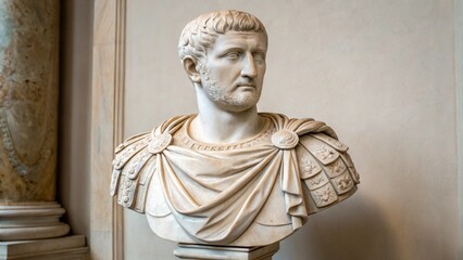 Obraz premium Close-up view of a classical marble bust, focusing on the detailed carving of the face and armor, perfect for themes of Roman history, historical figures, and ancient portraiture. 