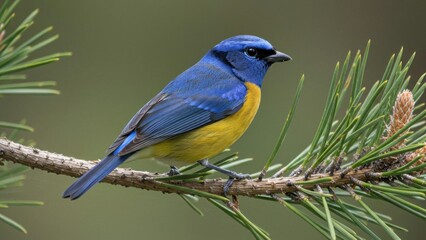 Obraz premium Vibrant blue and yellow bird perched on a pine branch