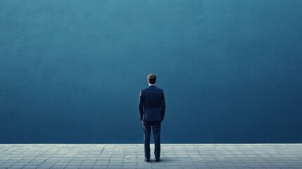A man in a suit standing in front of a blue wall.