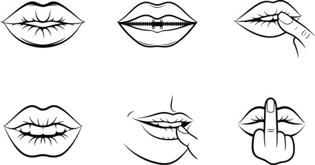 Creative mouth expressions illustration set with lips sealed shut and offensive gesture