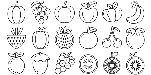 Collection of Line black vector various Art Fruit Icons, Line Art Fruit Icons Set Apples, Oranges, Cherries, Grapes