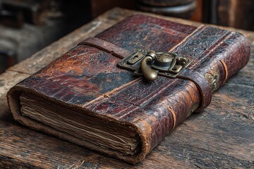 Aged leather book with metal clasp