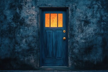Mysterious Orange Glow Behind a Blue Door