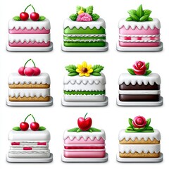 Nine Assorted Small Cakes with Colorful Frosting and Decorations