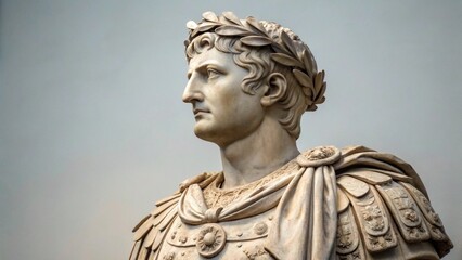 A marble bust of a male figure wearing a laurel wreath and a military cuirass, depicted as a classical Roman emperor or leader, symbolizing power, authority, history, and ancient art.
