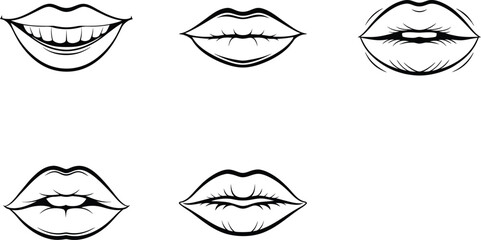 Collection of black and white lips expressions graphic element set vector illustration