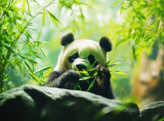 Obraz premium Adorable giant panda eating bamboo amidst lush greenery.