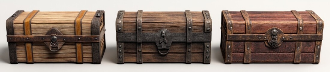 Three vintage-style wooden chests with metal bands