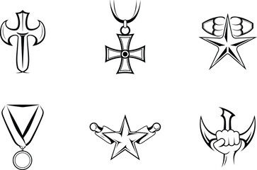 Collection of black and white award insignia medals and tattoos set