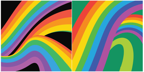 An abstract vector image featuring two panels of curved rainbow-colored bands against black and green backgrounds, highlighting the colorful and graphic style.