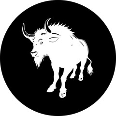 Monochromatic depiction of a bison within a circular emblem design element