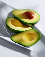 Avocado and slices arranged flat on bright white table