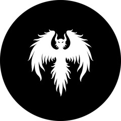 Stylized emblem of mythical phoenix rising in monochrome graphic illustration