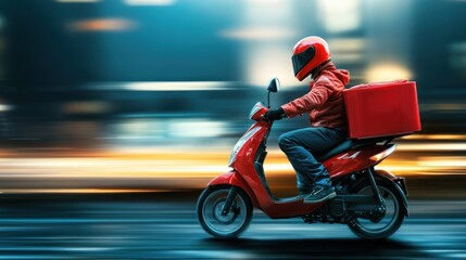 A red motorcycle with a rider in motion on a city street at night.