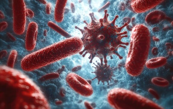 Close-up view of red rod-shaped bacteria and spherical viruses with spikes floating in a microscopic blue cellular environment