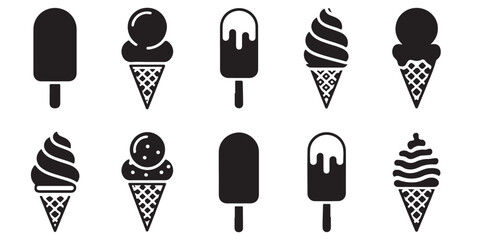 set vector various Ice Cream and Popsicle Icons Set Line Art Style, Black Ice Cream Icons Set

