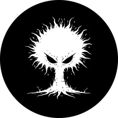White tree emblem with menacing gaze on a black background artwork