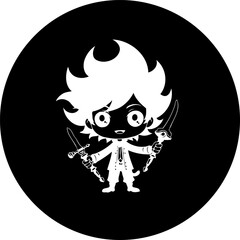 Stylized character wielding dual blades in a stark monochrome design with fiery hair