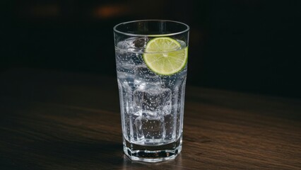 Refreshing drink with ice and lime slice