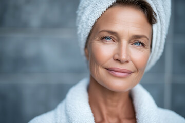 Old relaxed woman with wrinkles in spa, skin care concept
