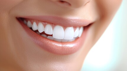 Obraz premium A smiling woman with white teeth, wearing a white shirt, standing in front of a white background.