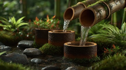 Tranquil water feature cascading through bamboo pipes.