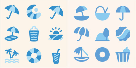 A vector collection of simple blue graphic icons represents various summer, beach, and outdoor vacation elements on a light background.