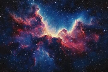 Vibrant cosmic nebula with glowing clouds of red, blue, and purple gases surrounded by numerous stars in deep space