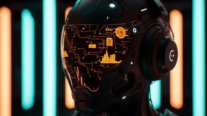 Close Up Of A Futuristic Robot Head With Golden Circuit Visor And Neon Background - Powered by Adobe