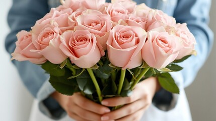 A person holding a bouquet of pale pink roses with green stems