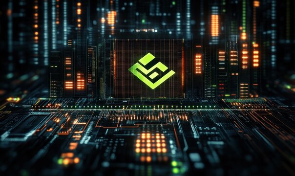 Futuristic digital interface with glowing circuit patterns and neon green geometric symbol centered against a high-tech dark background