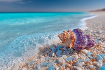Seashell rests on a pebble beach