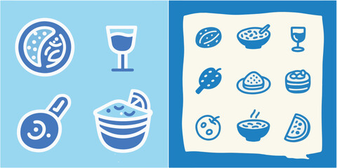 An vector image featuring blue food and drink icons on a split blue background, highlighting the minimalist, graphic style with varied items representing cuisine.