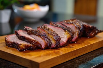 BBQ beef brisket sliced, smoky and juicy on board