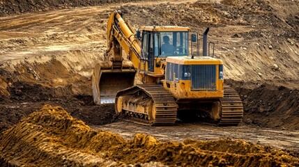 A yellow and black excavator is operating in a dirt field, with a man wearing a blue shirt and black pants visible through the window.