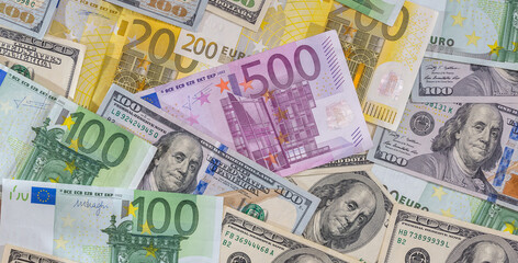 dollar and euro notes  for background as business concept.
