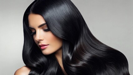 Obraz premium A young woman with long, dark, shiny hair styled in elegant waves, looking down with a serene expression, set against a light grey background, symbolizing hair care